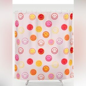 Society6 smiley face shower curtain. Pink yellow orange.